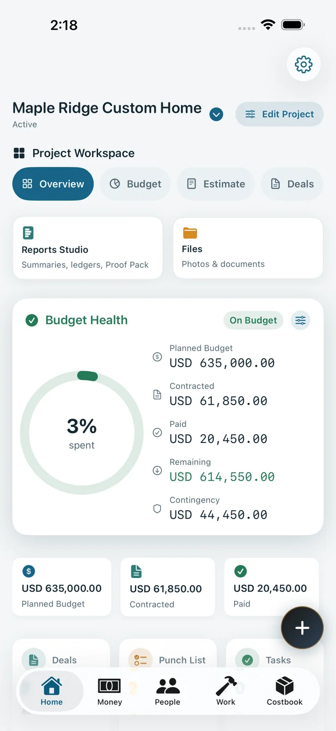 The BuildPenny home screen for a custom-home project: budget health ring at 3 percent spent, with planned budget, contracted, paid, remaining and contingency amounts.